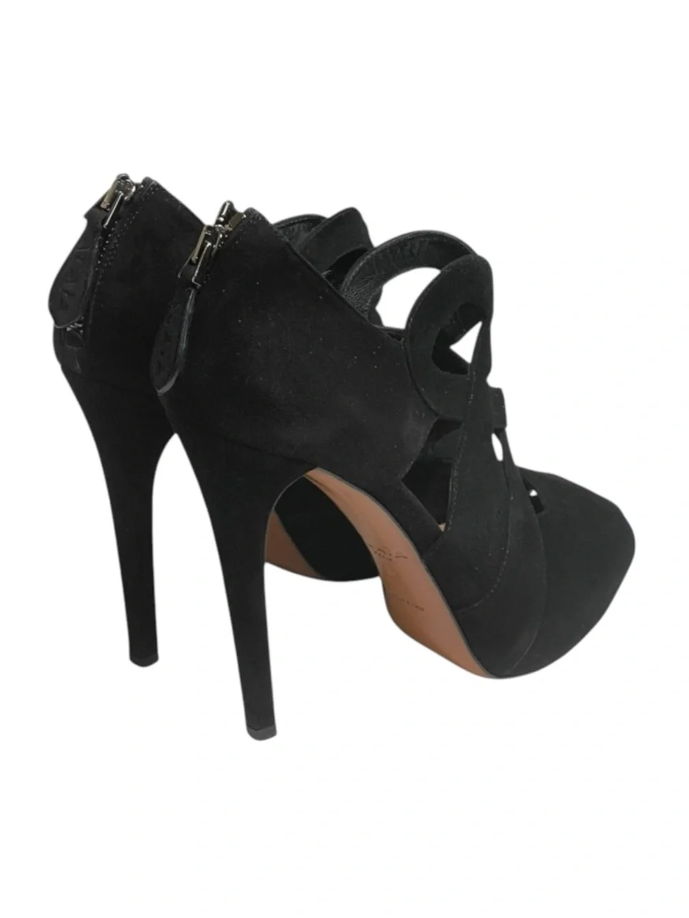 Alaia 𖦹 Cut Out Peep Toe Platform Stiletto Heel Sandals 𖦹 Black Suede 𖦹 37